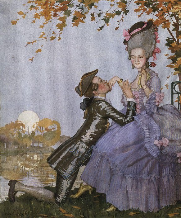 A young man on his knees in front of a lady, Konstantin Andreevich Somov
