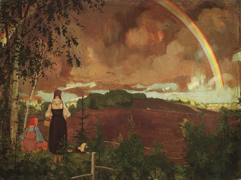 Landscape with two peasants and girls and rainbows, Konstantin Andreevich Somov