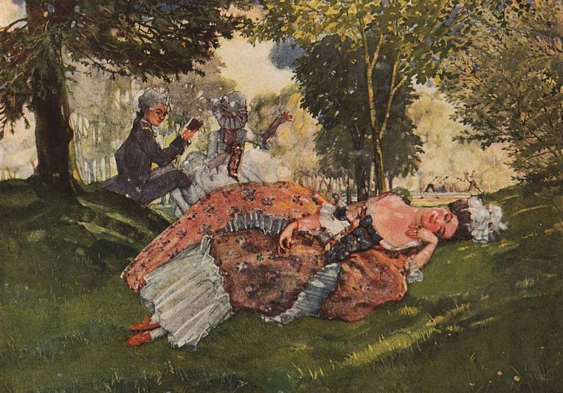 A young woman asleep on the grass, Konstantin Andreevich Somov