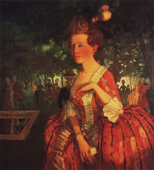 A young girl in a red dress , Konstantin Andreevich Somov