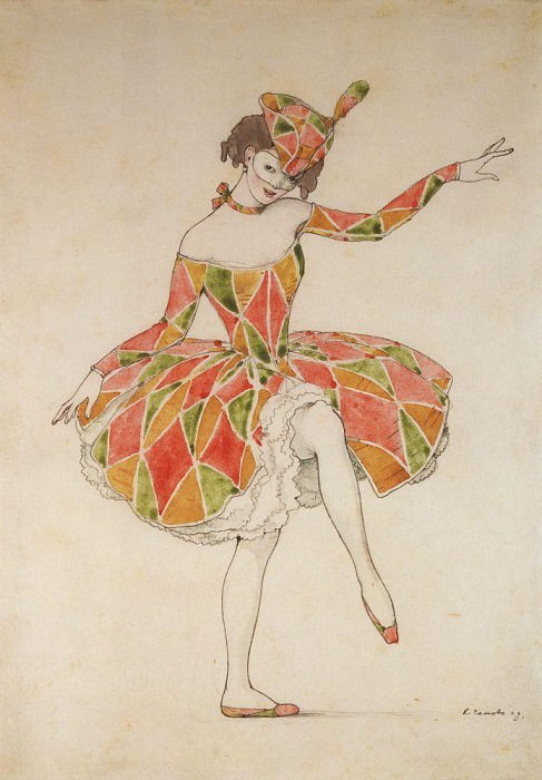 Costume design for Colombina for Anna Pavlova in Harlequinade, Konstantin Andreevich Somov