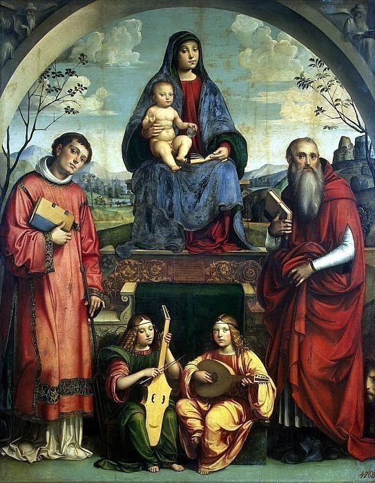 Francia, Francesco. Madonna with Child, St. Lavrentiev, St. Ieroninom and two angels play music, Hermitage ~ part 12