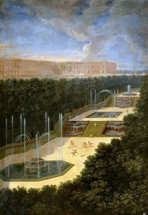 Жан Котель -- Вид на три фонтана среди рощи на фоне дворца, Версальский дворец