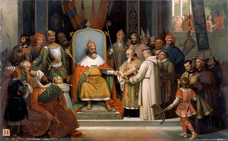 Jules Laure -- Charlemagne, surrounded by his most important officials, receives Alcuin who presents several manuscripts, the works of his monks, to the Emperor in 780 CE, Château de Versailles