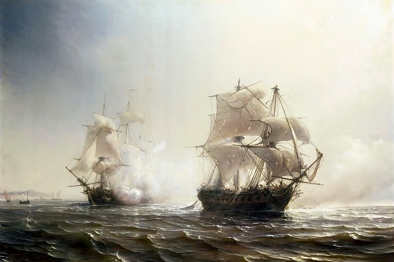 Théodore Gudin -- Naval Combat between the French Frigate, Embuscade, and the English Frigate, Boston, off the Coast of New York, 30 July 1793, Château de Versailles