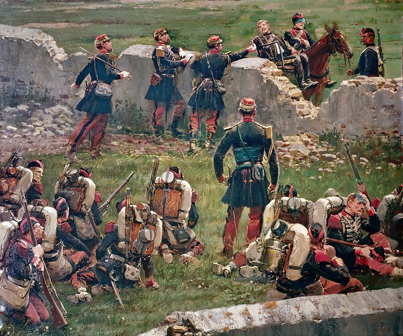 Jean Baptiste Edouard Detaille -- Evening of the battle of Rezonville . Grenadiers of the Imperial Guard at rest, 16 August 1870, Château de Versailles