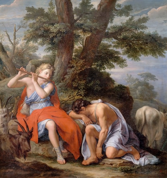 René-Antoine Houasse -- Mercury Playing the Flute to put Argus the Shepherd to Sleep so that he can steal the Nymph Io who has turned into a cow, whom Argus is guarding, Château de Versailles