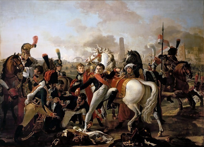 Claude Gautherot -- Napoleon Dismounting with an injured Foot at Regensburg, aided by the Surgeon, Yvan, April 23, 1809, Château de Versailles