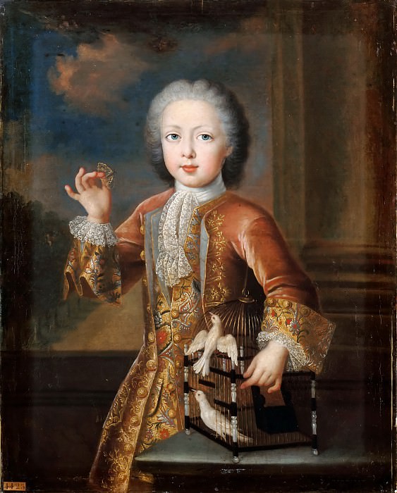 Pierre Gaubert -- Portrait of Francis III of Lorraine, future Emperor Francis I as a Child, holding a Butterfly and Leaning against a Cage containing two Doves , Château de Versailles