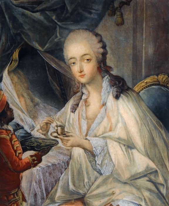 Jean-Baptiste André Gautier-Dagoty -- Madame du Barry at her toilette, to whom Zamor presents a cup of coffee or chocolate, Château de Versailles