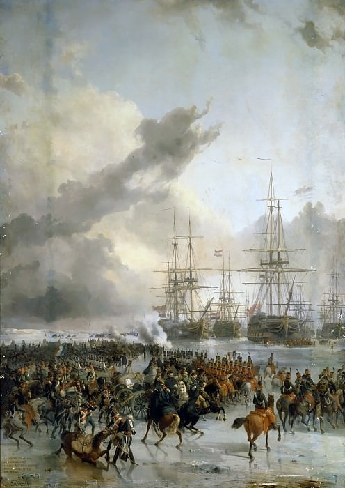 Шарль-Луи Мозен -- Французская кавалерия бьется с флотом врага в водах Текселя 21 января 1795 года, Версальский дворец