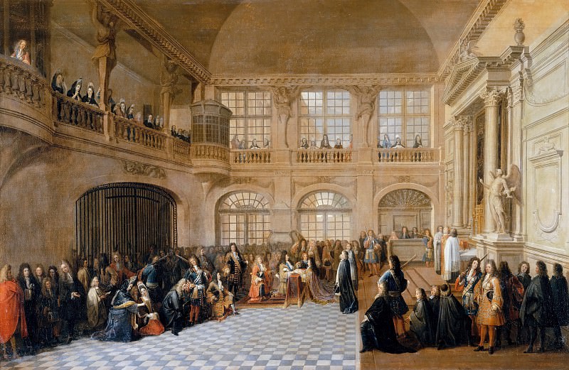 Антуан Пезей -- Людовик XIV принимает присягу от маркиза Данжо, гроссмейстера обьединенных орденов, в капелле дворца в Версале, 18 декабря 1695 года, Версальский дворец