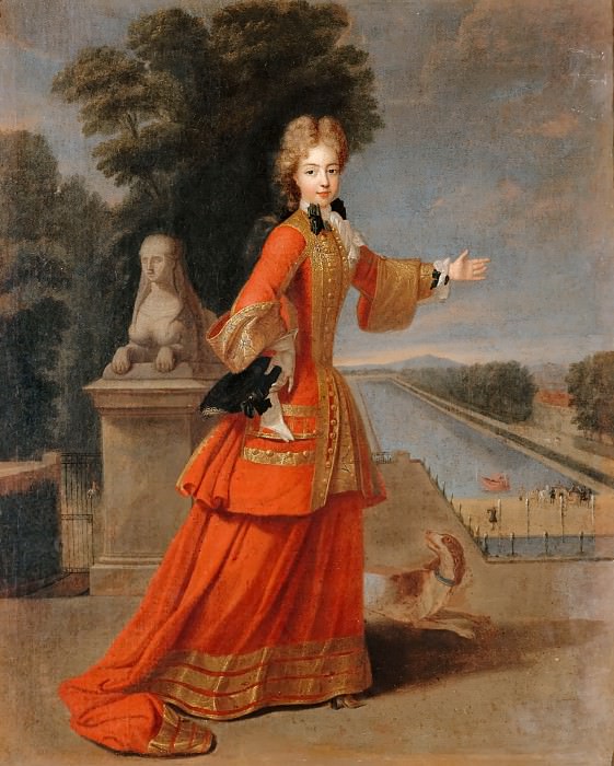 Pierre Gaubert -- Portrait of Marie-Adélaïde de Savoie, Duchesse de Bourgogne, Shown in her Hunting Costume near the Grand Canal of Fontainebleau, Château de Versailles