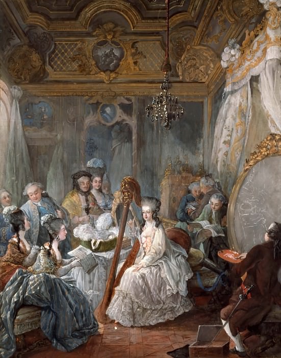 Жан-Батист-Андре Готье-Даготи -- Мария-Антуанетта играет на арфе в своих аппартаментах в Версале, Версальский дворец