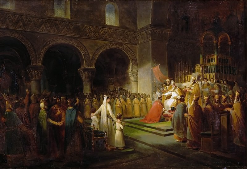 Франсуа Дюбуа -- Помазание на царство Пипина Короткого в аббатстве Сен-Дени, Версальский дворец