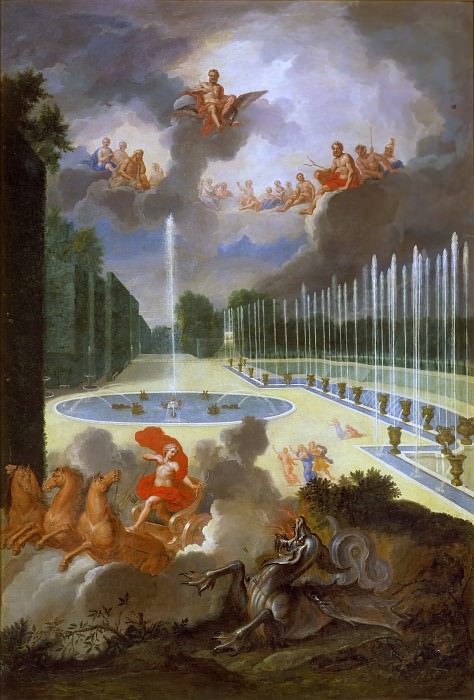 Жан Котель -- Вид на фонтан драконов с Аполлоном, убивающим Питона, Версальский дворец