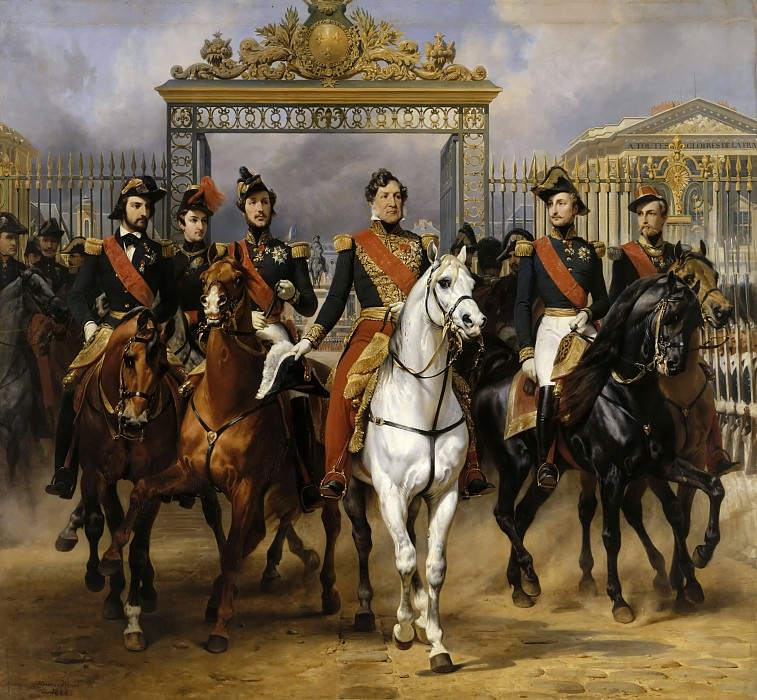 Vernet, Horace -- Le roi Louis-Philippe entouré de ses cinq fils sortant par la grille d’honneur du château de Versailles aprés avoir passé une revue militaire dans les cours le 10 juin 1837, Château de Versailles