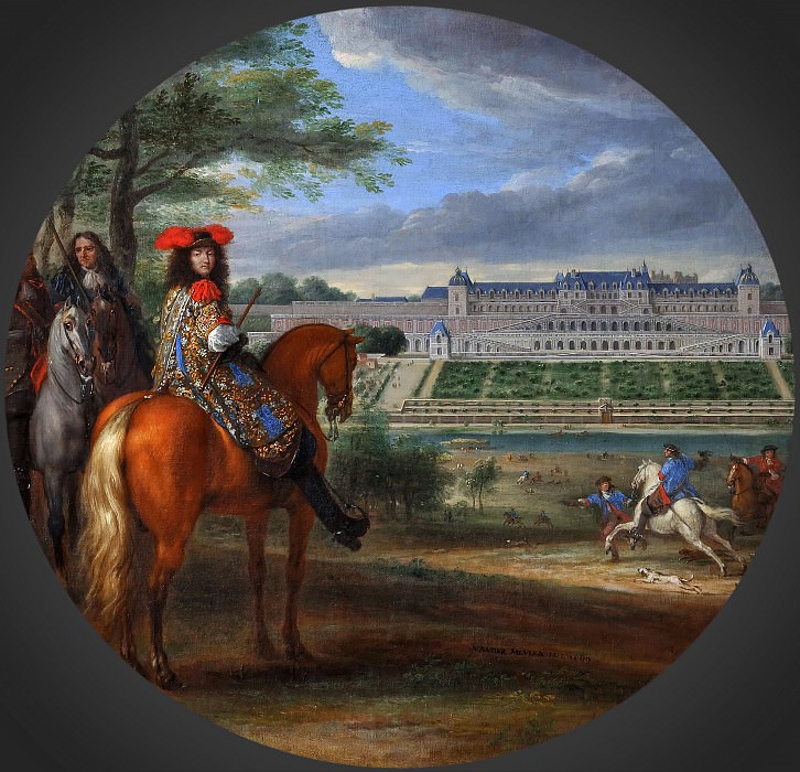 Van der Meulen, Adam-Frans -- Louis XIV, suivi de Turenne, assistant à une chasse au vol, en vue du Château-Neuf et des terrasses de Saint-Germain-en-Laye, en 1669, Château de Versailles