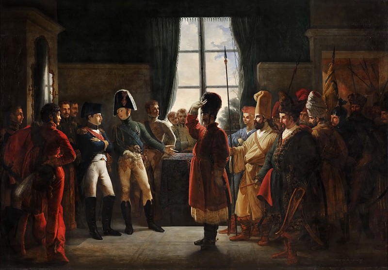 Pierre-Nolasco Bergeret -- Alexandre Ier présente à Napoléon Ier les Kalmouks, les Cosaques et les Baskirs de l’armée russe, 9 juillet 1807, Château de Versailles