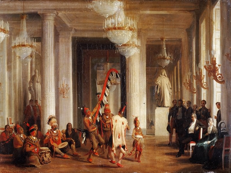Karl Girardet -- King Louis-Philippe, Queen Marie-Amélie and the Duchess of Orléans Attending a Dance by Iowa Indians in the Salon de la Paix at the Tuileries, Presented by the Painter George Catlin on 21 April, 1845, Château de Versailles