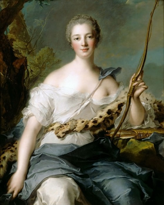 Jean-Marc Nattier -- Jeanne-Antoinette Poisson , Marquise de Pompadour, represented as Diana the Huntress, Château de Versailles