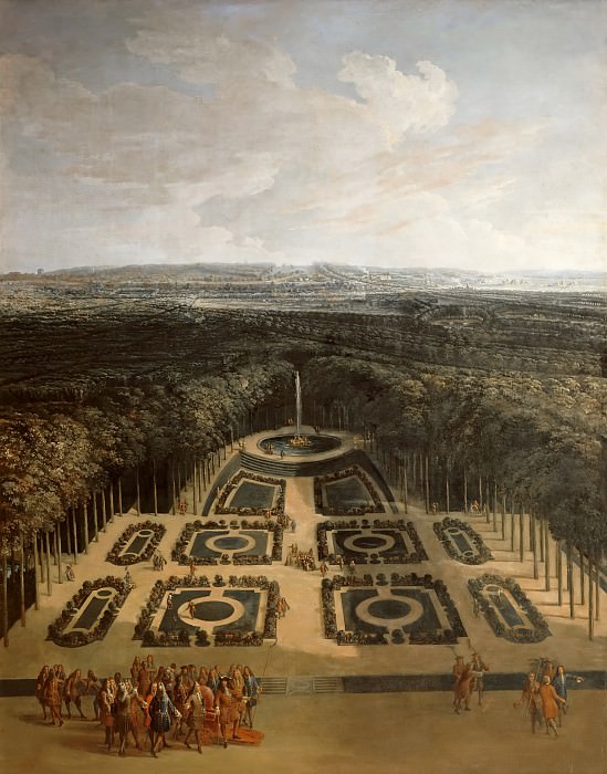 Charles Chatelain; formerly attributed to Etienne Allegrain -- View of the Gardens of the Grand Trianon from the Parterre bas, Versailles; Promenade of Louis XIV on the first level, promenade of Louis XV Dauphin with Duchesse de Ventadour along the outskirts on the second level, Château de Versailles