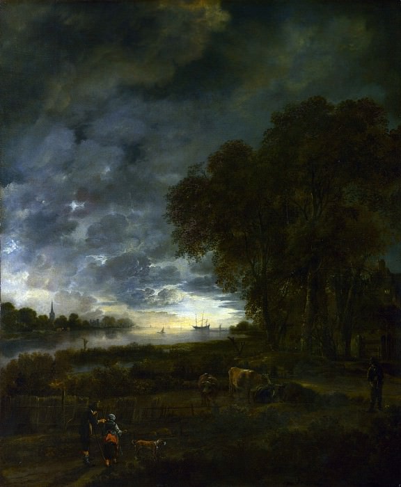 Aert van der Neer – A Landscape with a River at Evening, Part 1 National Gallery UK