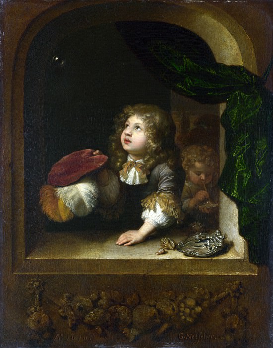 Caspar Netscher – Two Boys blowing Bubbles, Part 1 National Gallery UK