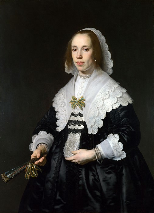 Bartholomeus van der Helst – Portrait of a Lady in Black Satin with a Fan, Part 1 National Gallery UK