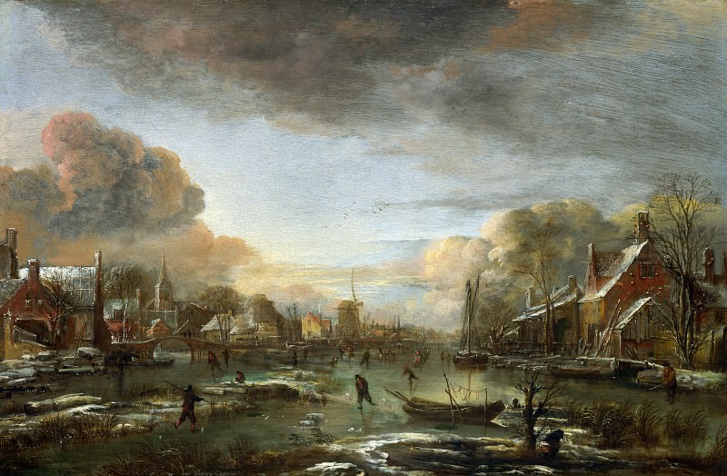 Aert van der Neer – A Frozen River by a Town at Evening, Part 1 National Gallery UK