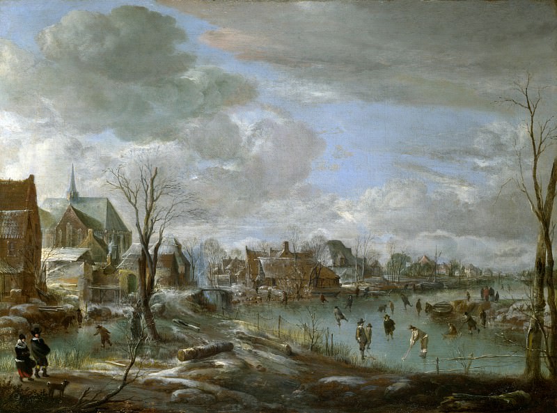Aert van der Neer – A Frozen River near a Village, with Golfers and Skaters, Part 1 National Gallery UK