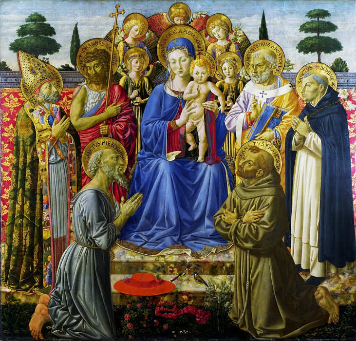 Беноццо Гоццоли – Мадонна с Младенцем на троне в окружении ангелов и святых, Часть 1 Национальная галерея