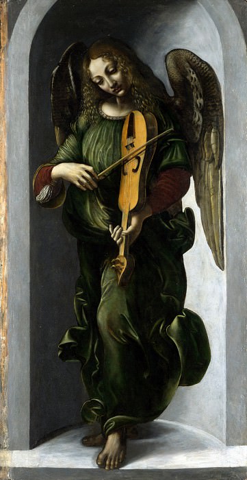 Associate of Leonardo da Vinci – An Angel in Green with a Vielle, Part 1 National Gallery UK