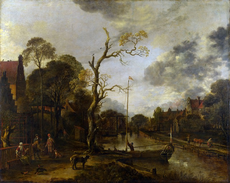 Aert van der Neer – A View along a River near a Village at Evening, Part 1 National Gallery UK