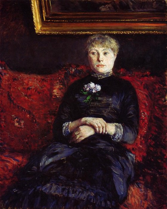 Женщина, сидящая на диване с красными цветами, Гюстав Кайботт