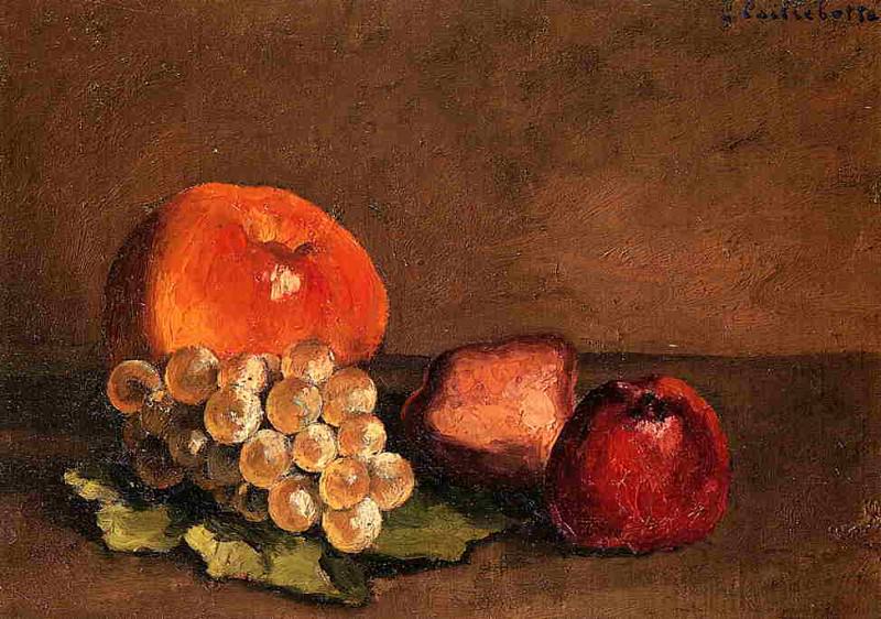 Персики, яблоки и виноград на виноградном листе, Гюстав Кайботт