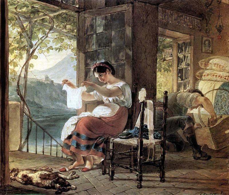 Итальянка, ожидающая ребенка, разглядывает рубашку, муж сколачивает колыбель. 1831, Карл Павлович Брюллов