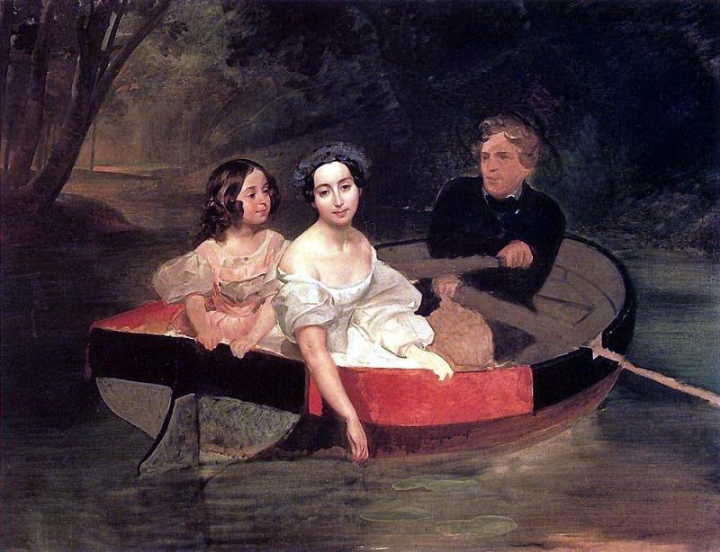 Portrait of the author and Baroness E. N. Muller-Zakomelsky with a girl in the boat, Karl Pavlovich Bryullov