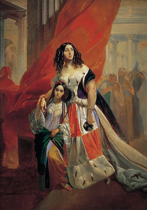 Portrait of Countess Julia Samoilova, moving away from the ball with the stepdaughter Amatsiliey Pachchini., Karl Pavlovich Bryullov