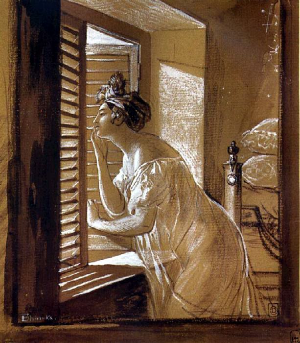 Woman sending a kiss from the window. 1826, Karl Pavlovich Bryullov