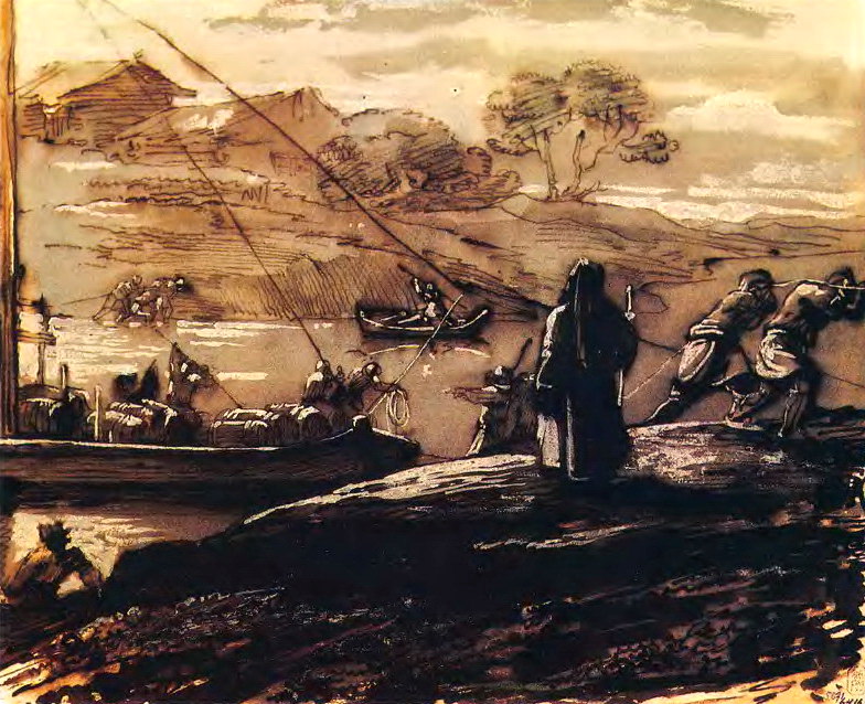 Landscape with boatmen. 1810 e. B., sepia, brush, pen, wc. , Br. 20h24. 3. GRM, Orest Adamovich Kiprensky