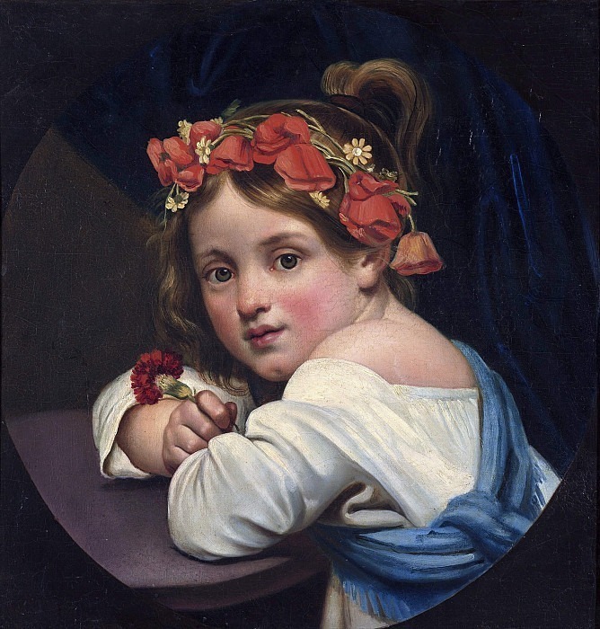 Girl in a poppy wreath, with a carnation in her hand 