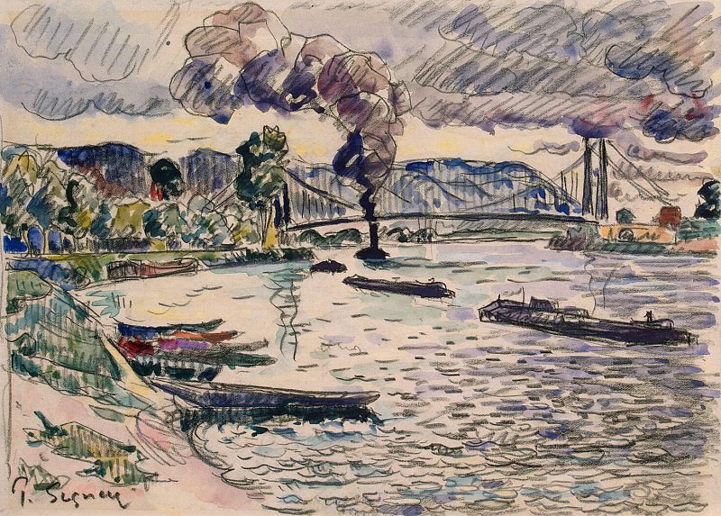 Signac, Paul. Suspension bridge or barges and tugs on the river, Hermitage ~ part 11