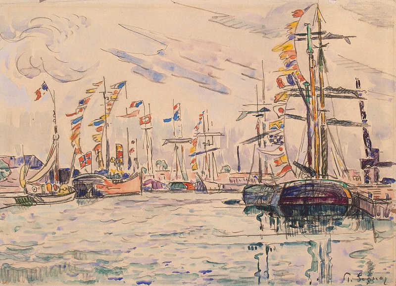 Signac, Paul. Sailing with festive flags on the masts at the quay in St. Malo, Hermitage ~ part 11