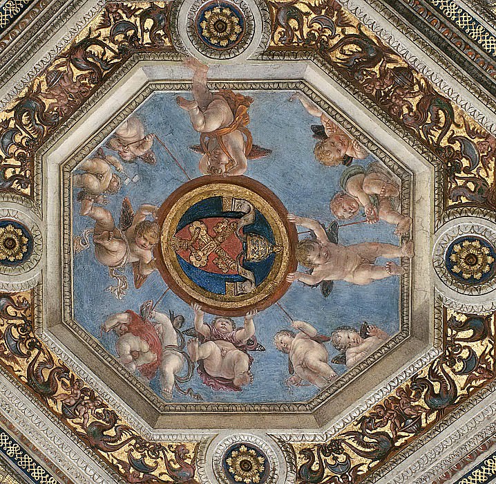 Stanza della Segnatura: Ceiling – Putti with a coat of arms of the Vatican