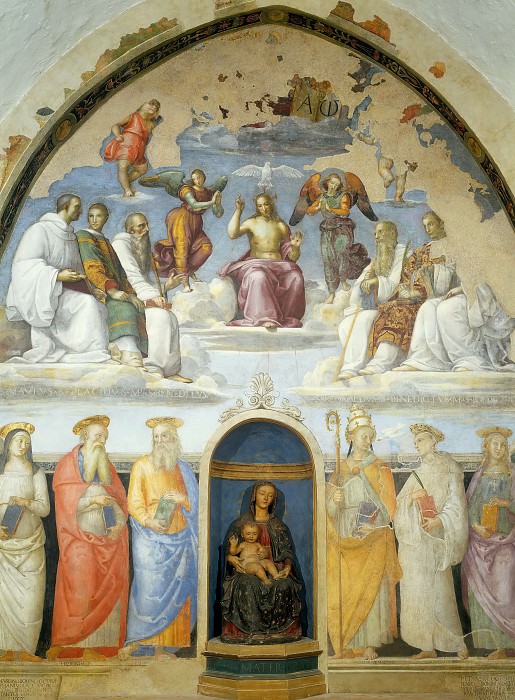 Святая Троица с шестью святыми бенедиктинцами и шестью другими святыми , Рафаэль Санти