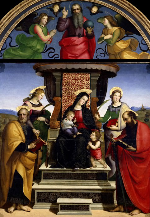 Мадонна с Младенцем на троне со святыми, ангелами и Бог-Отец в люнете, Рафаэль Санти