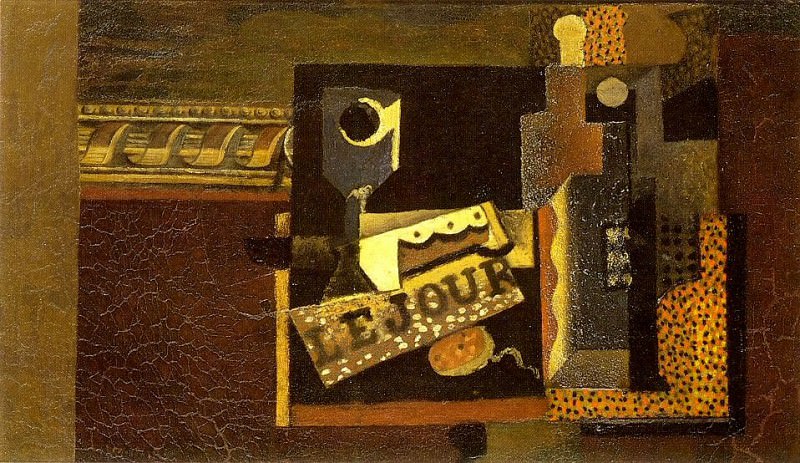 1914 Verre, journal, bouteille, Пабло Пикассо (1881-1973) Период: 1908-1918