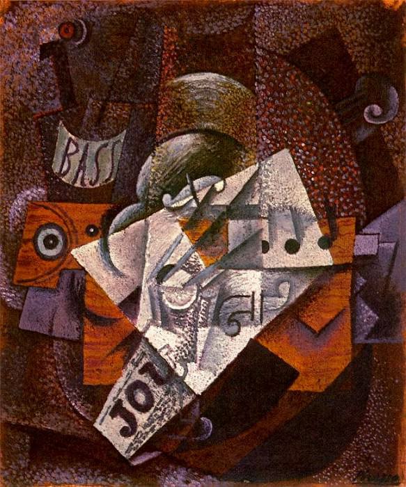 1913 Bouteille, clarinette, violon, journal, verre, Pablo Picasso (1881-1973) Period of creation: 1908-1918