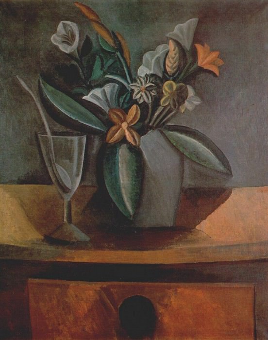 1908 Fleurs dans une cruche grise et verre de vin avec cuiller, Пабло Пикассо (1881-1973) Период: 1908-1918